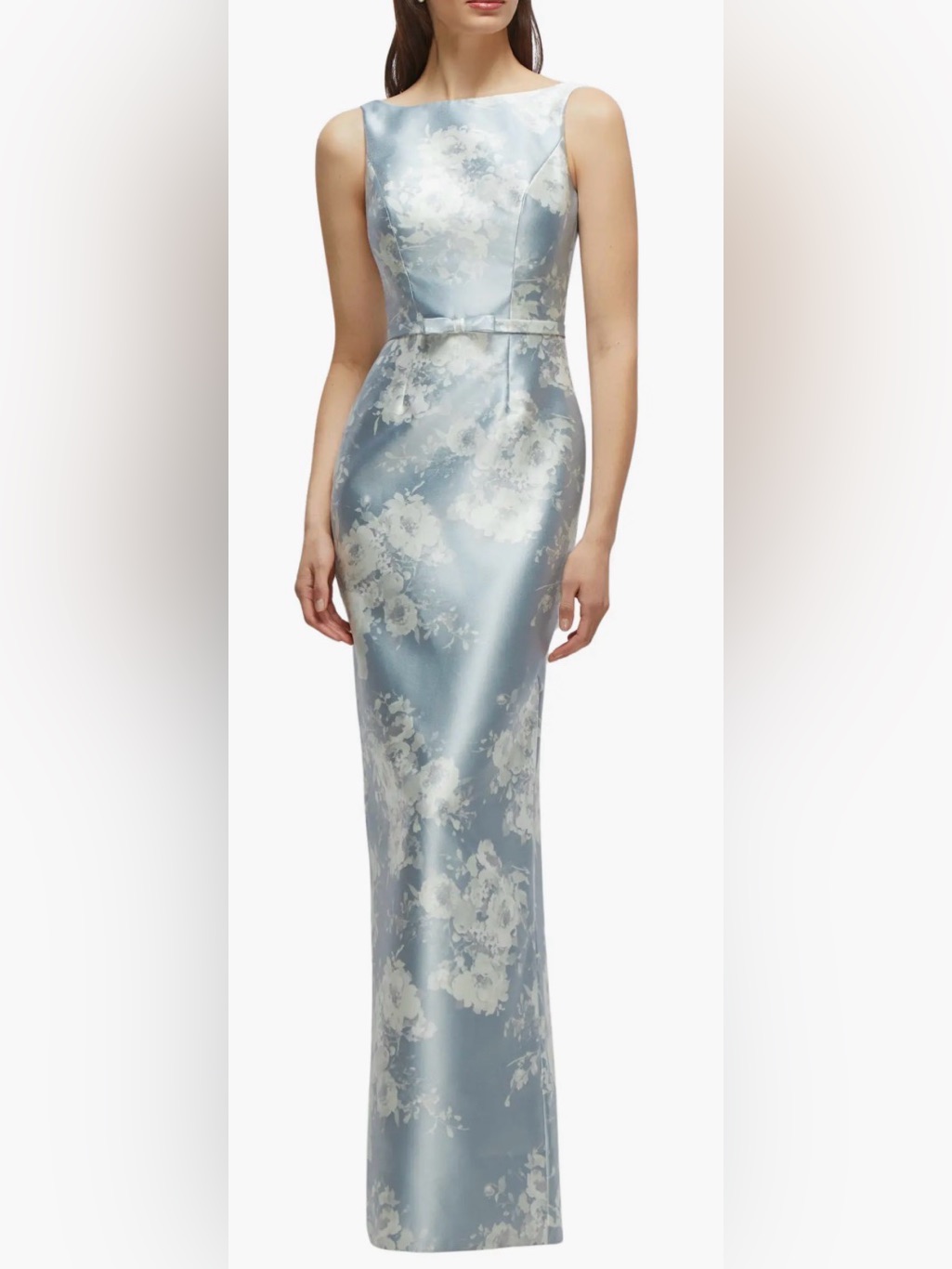 New Alfred Sung Sleeveless Satin Twill Seraphina Floral Blue Column Gown Sz 10